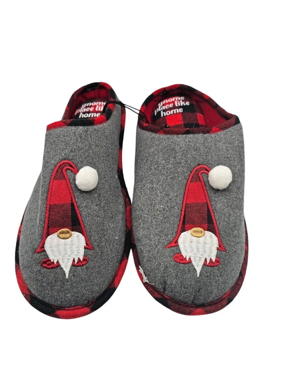Dakota Fleece Gnome Holiday Slippers in grey with a red plaid Mens Sz L NEW